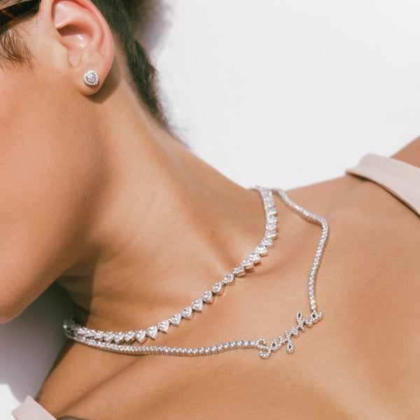 Glitter Clustered Tennis Chain【7mm】 60cm 7mm Heart Cut Cluster Tennis Chain White Gold - 6 ICE, LLC