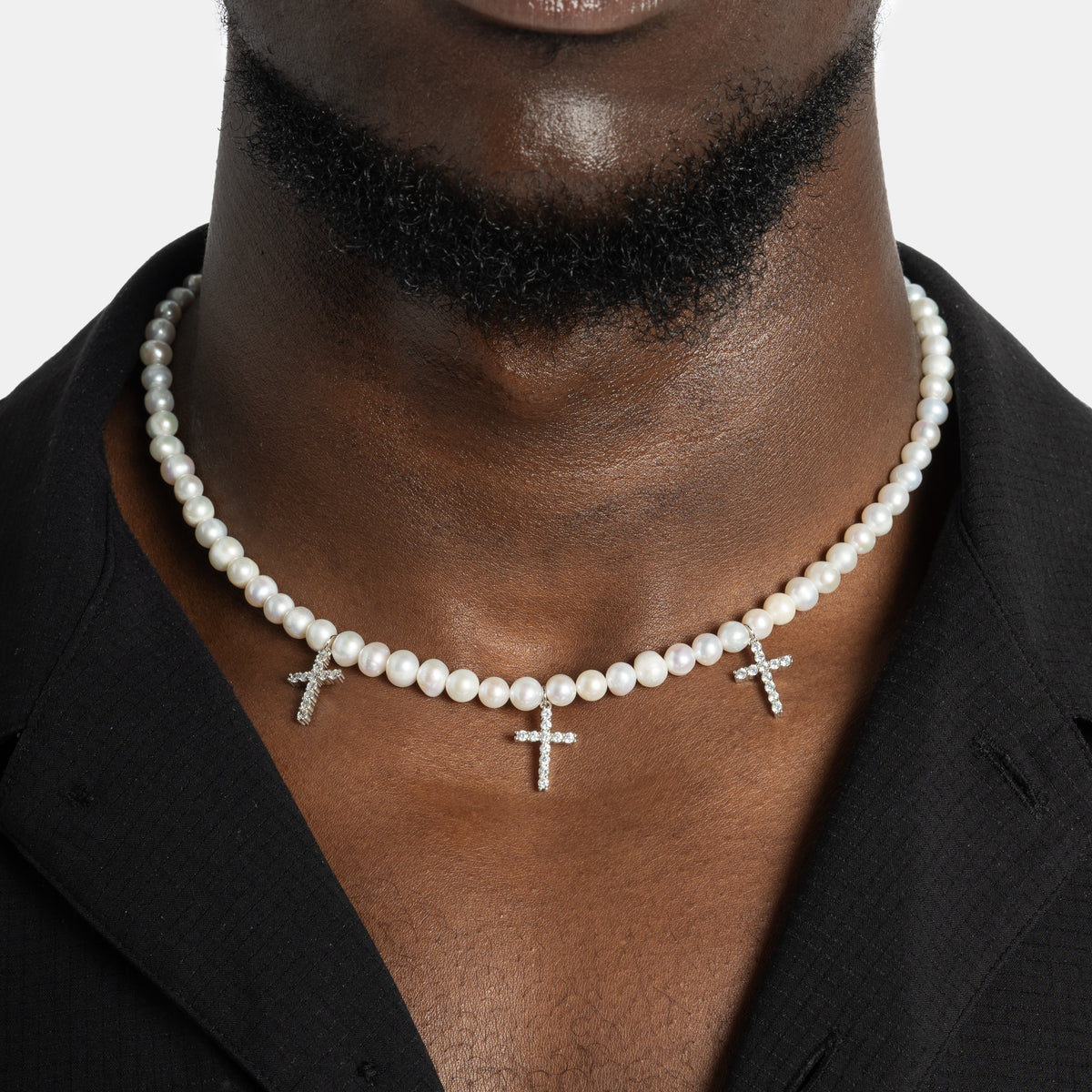 Pearl Chain w/ Diamond Crosses