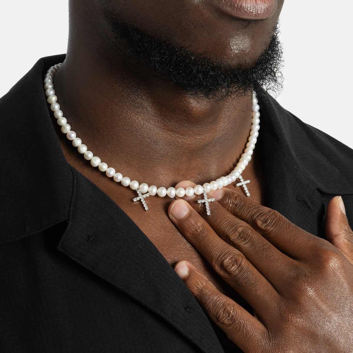 Pearl Chain w/ Diamond Crosses