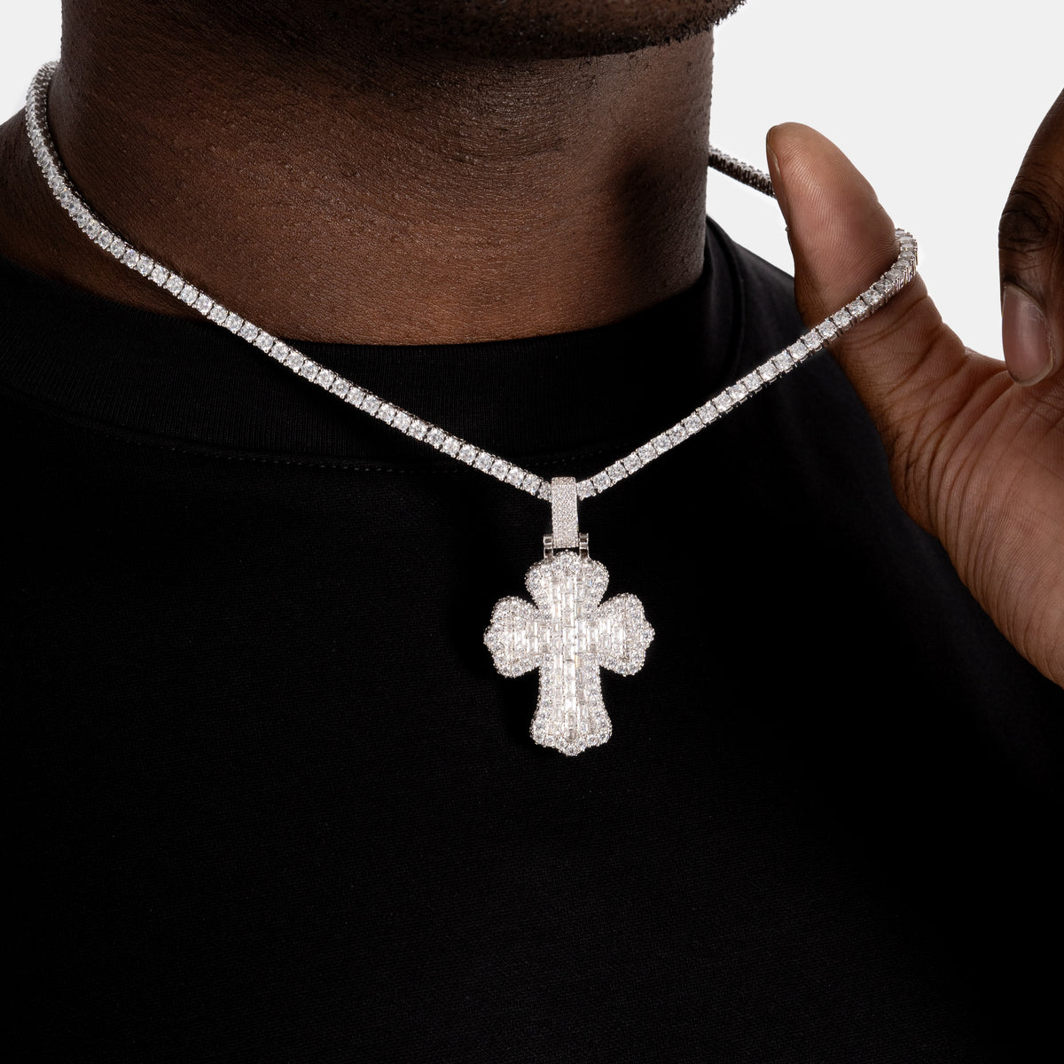 Baguette Cross Pendant White Gold