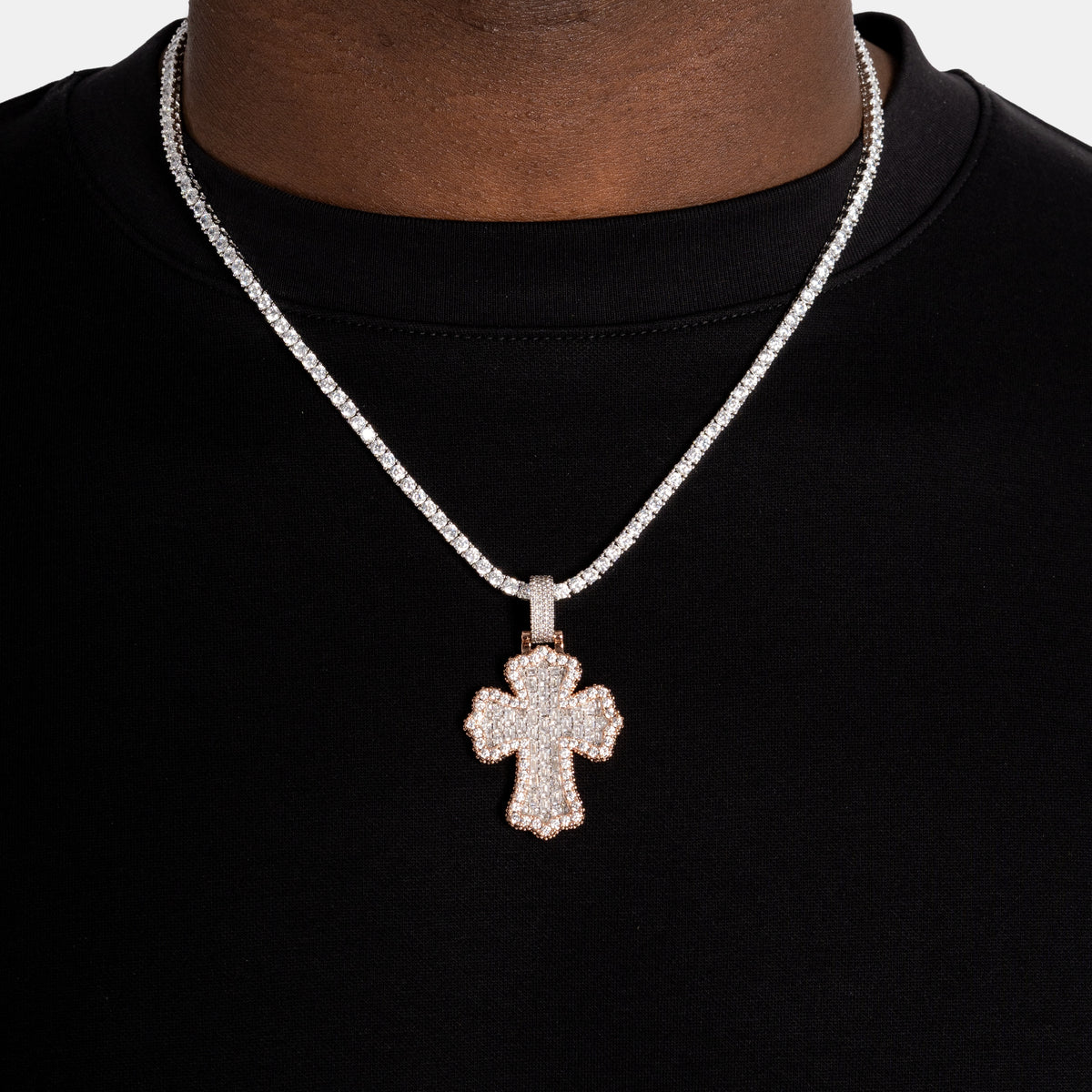 Baguette Cross Pendant 2 Tone