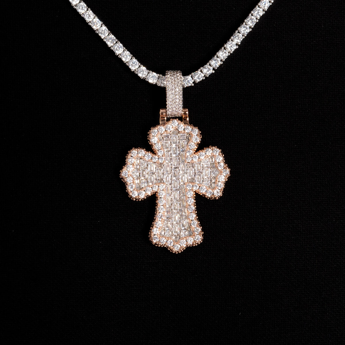 Baguette Cross Pendant 2 Tone