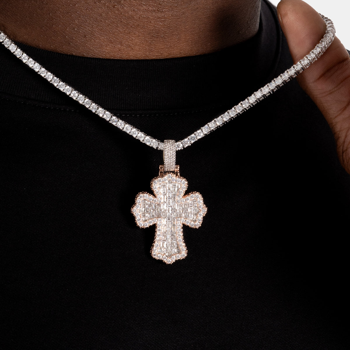 Baguette Cross Pendant 2 Tone