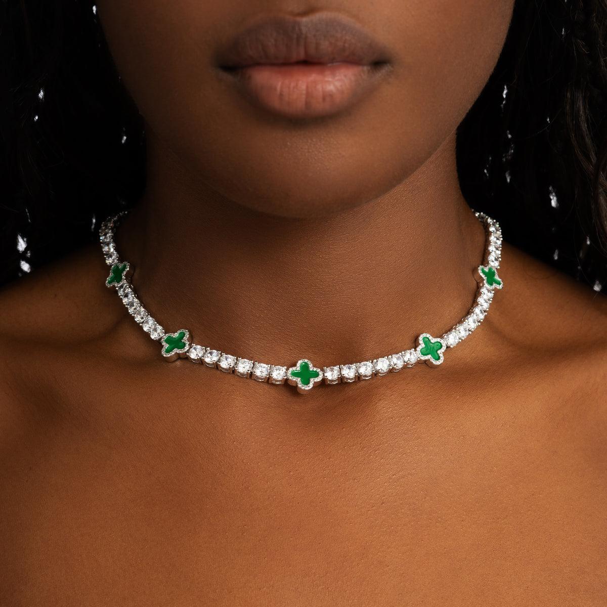 Green Clover Tennis Chain White Gold