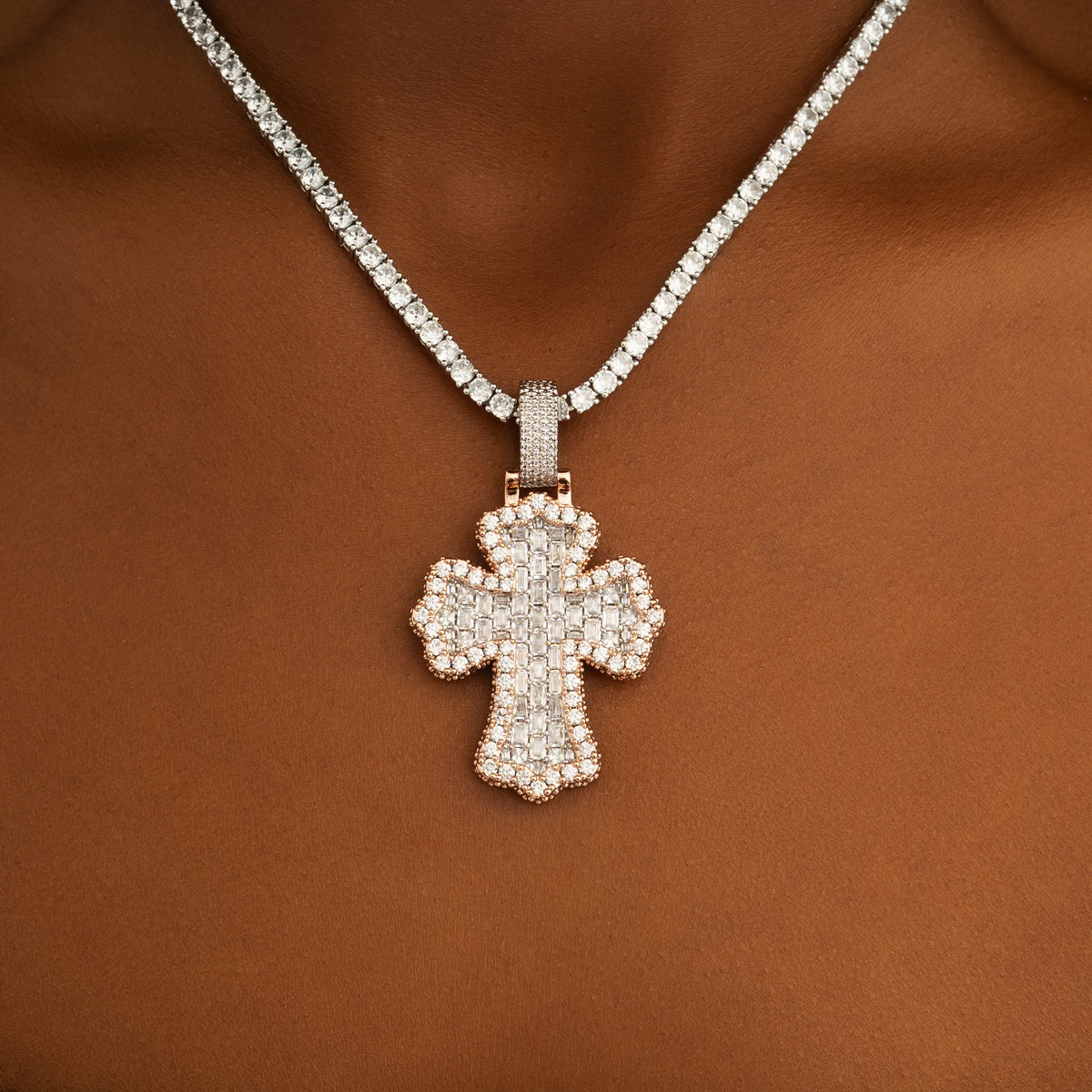 Baguette Cross Pendant 2 Tone