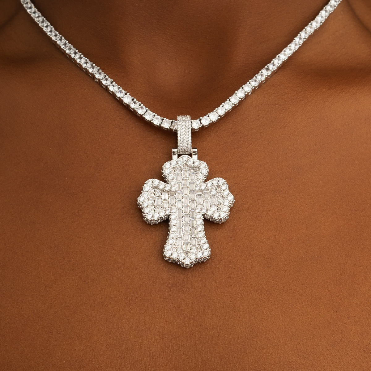 Baguette Cross Pendant White Gold