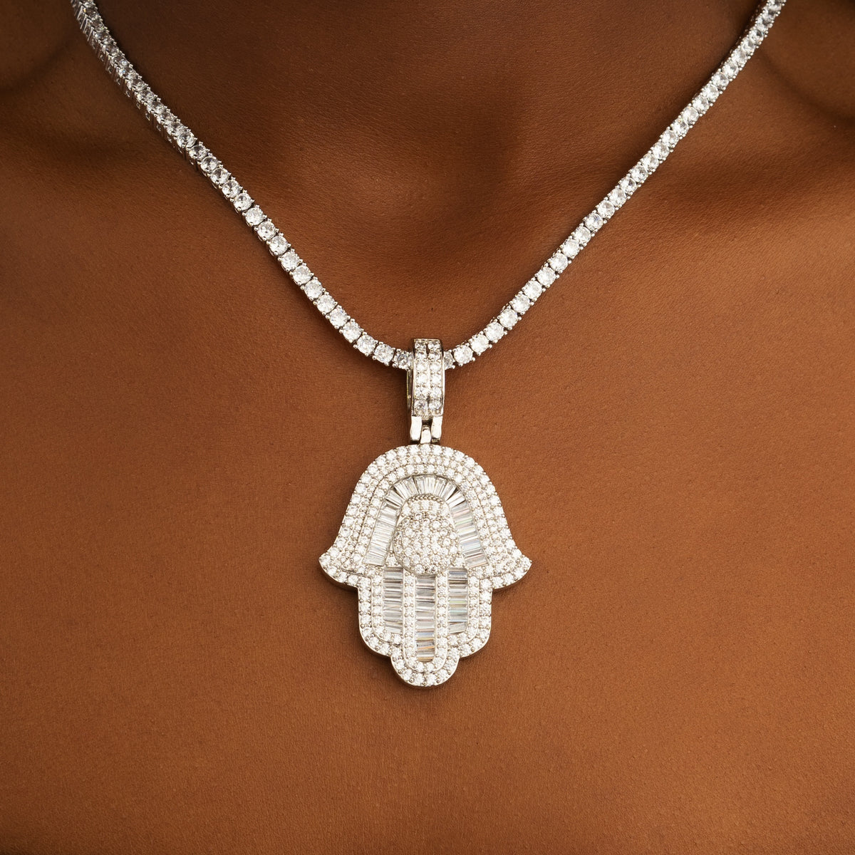 Baguette Hamsa Hand Pendant White Gold