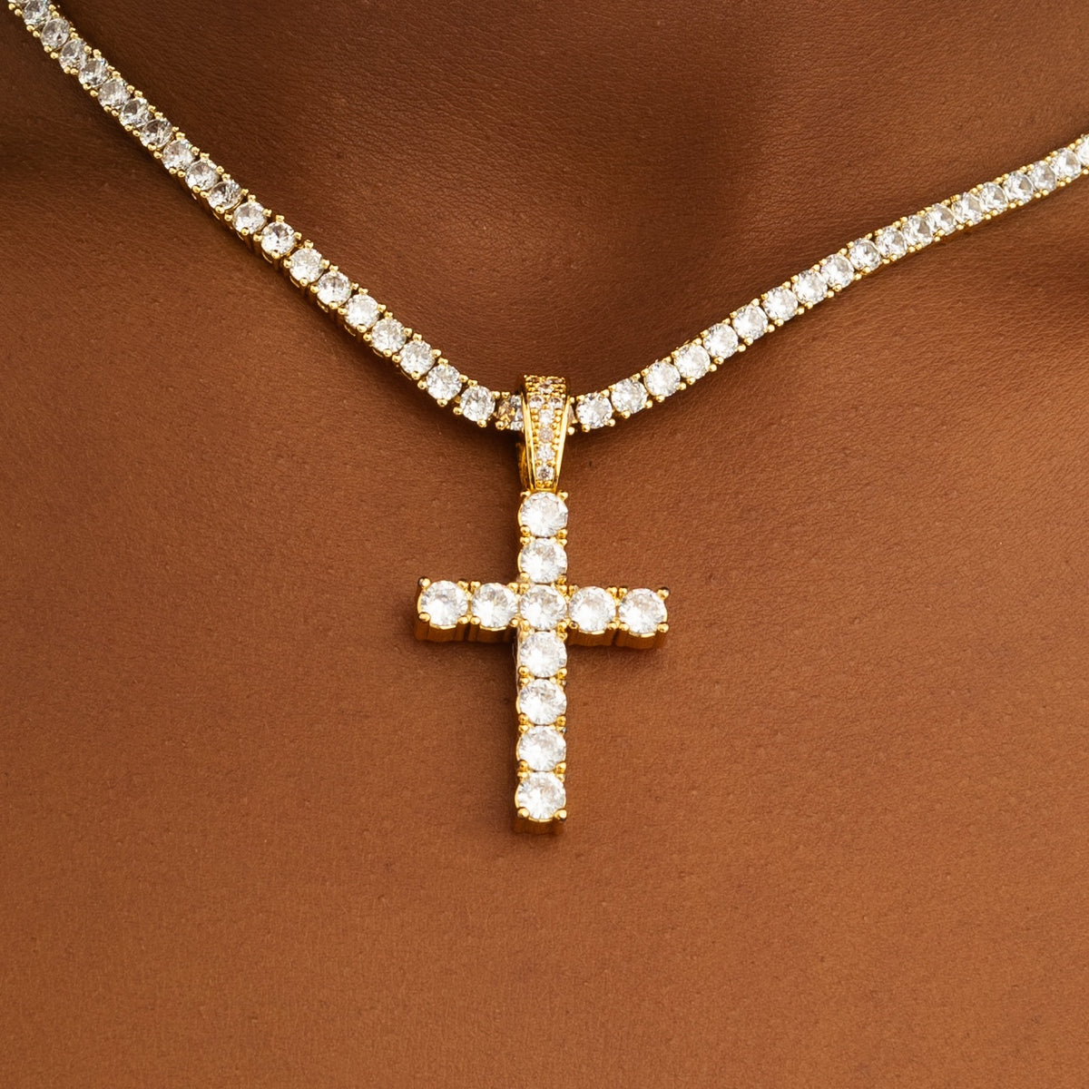 Bundle Diamond Cross & Tennis Chain 18k Gold