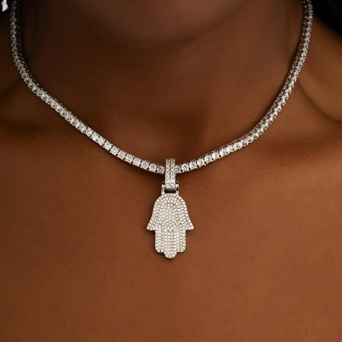 Hamsa Hand Pendant White Gold