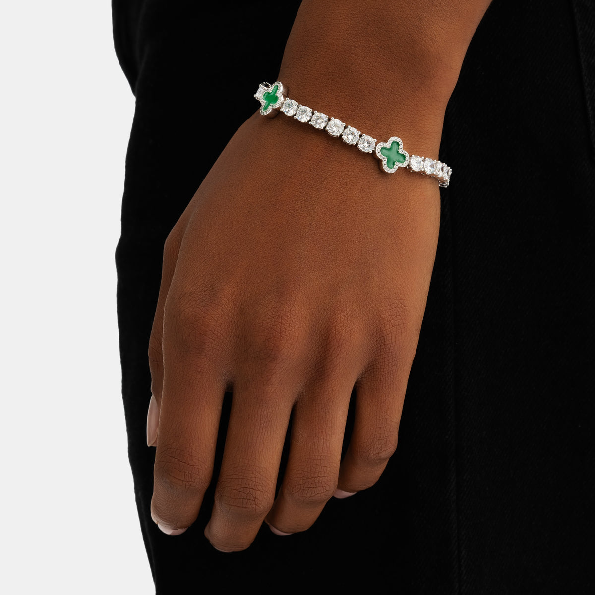 Green Clover Tennis Bracelet White Gold