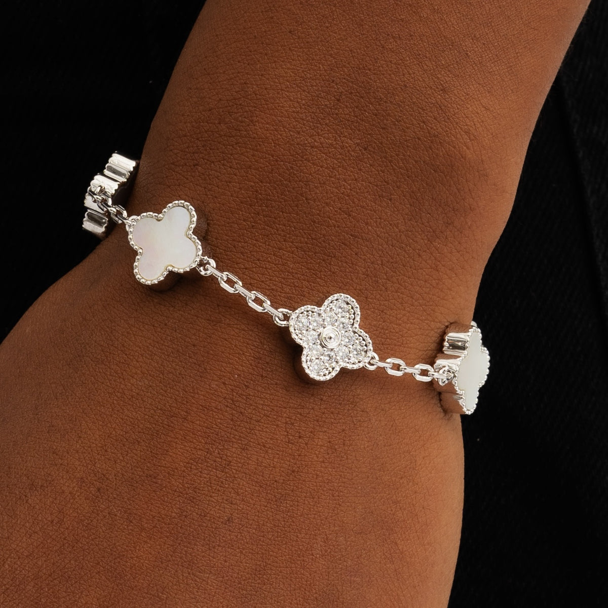 Mother of Pearl Iced Clover Bracelet White Gold