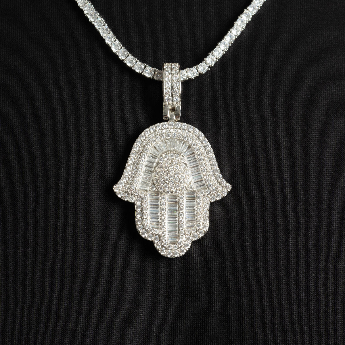 Baguette Hamsa Hand Pendant White Gold