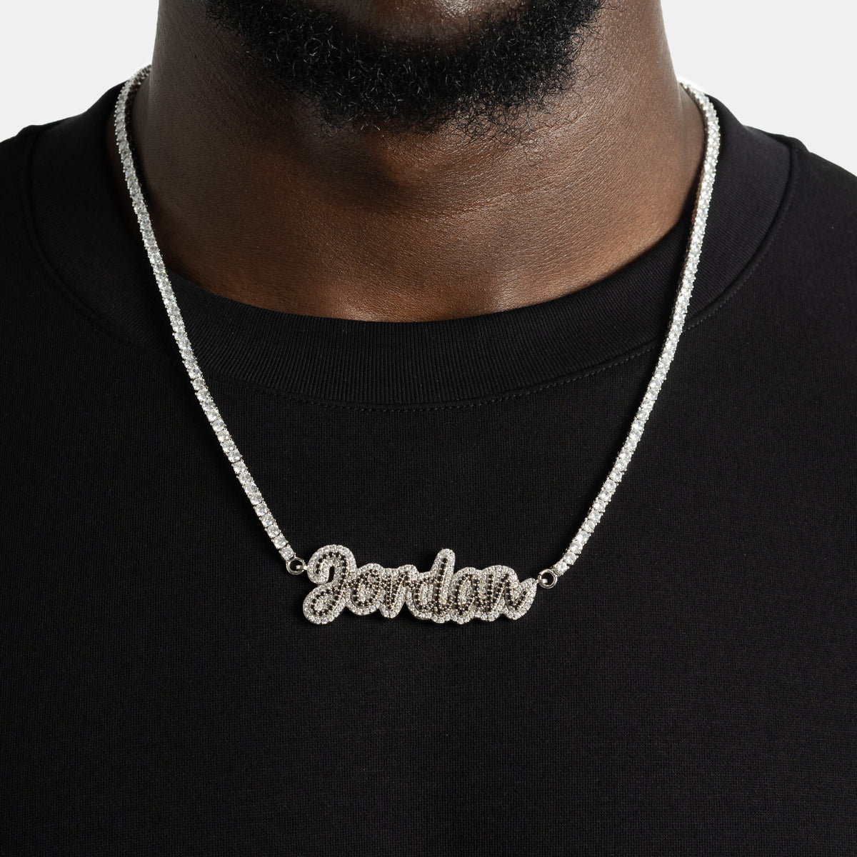 Custom Script Pendant w/ Black Diamonds on Tennis Chain