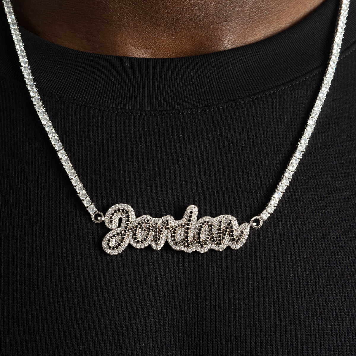 Custom Script Pendant w/ Black Diamonds on Tennis Chain