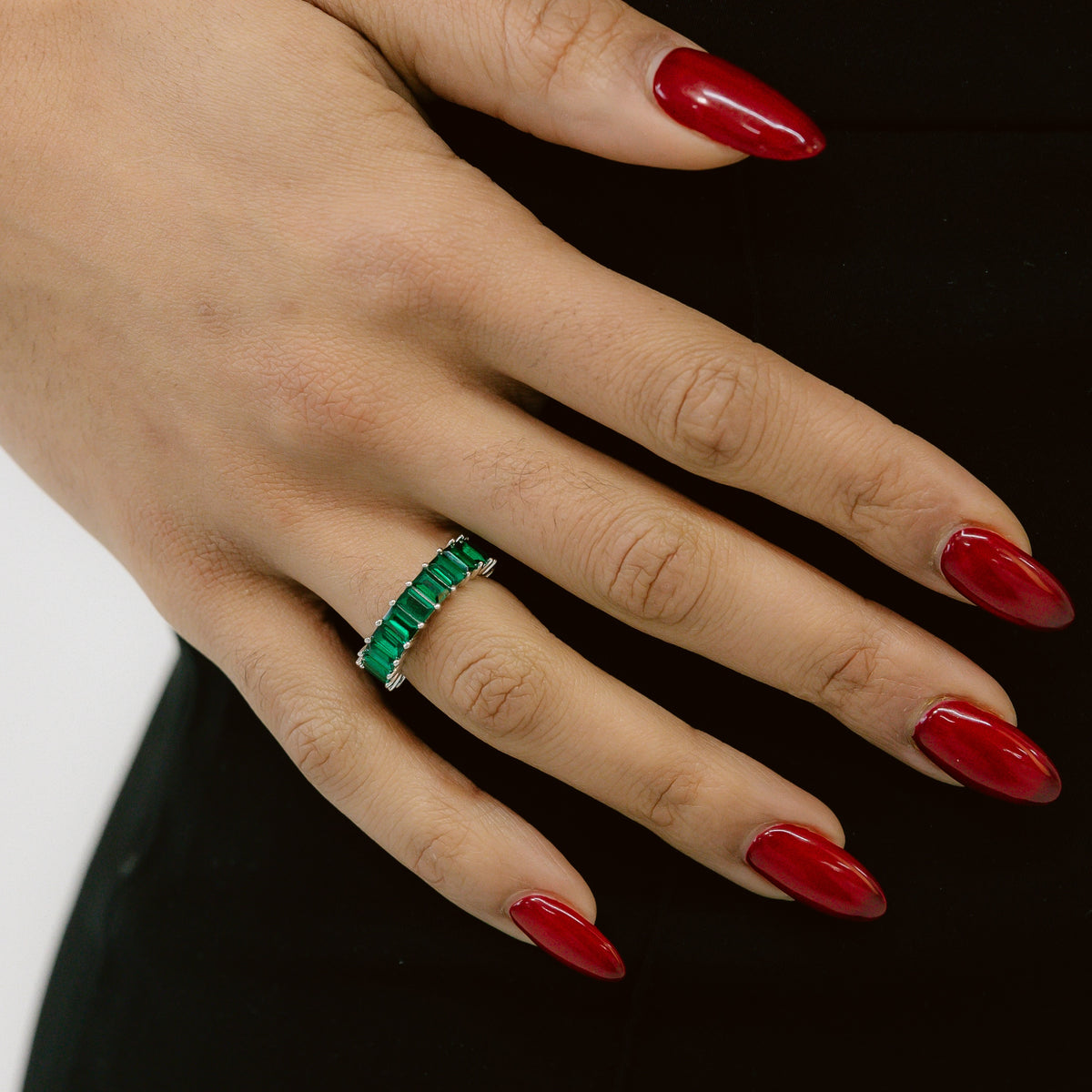 Emerald Baguette Silver Ring