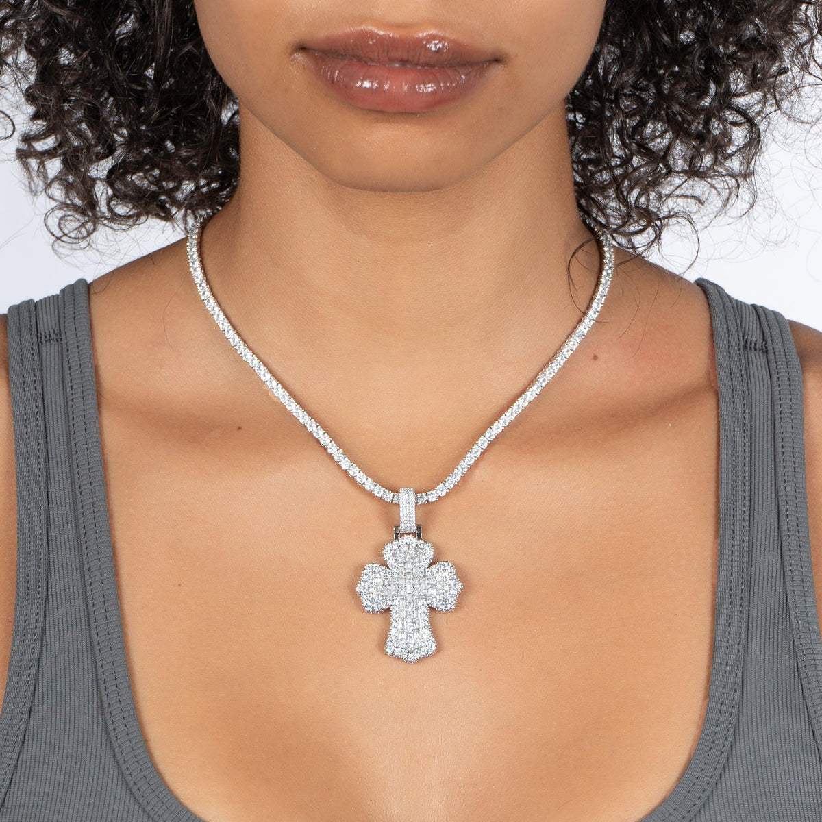 Baguette Cross Pendant White Gold