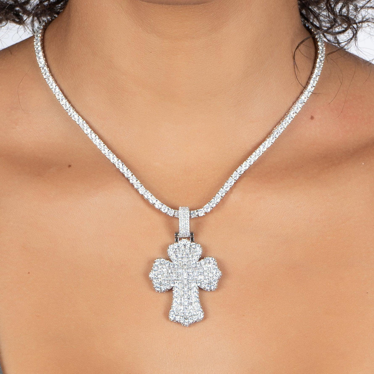 Baguette Cross Pendant White Gold