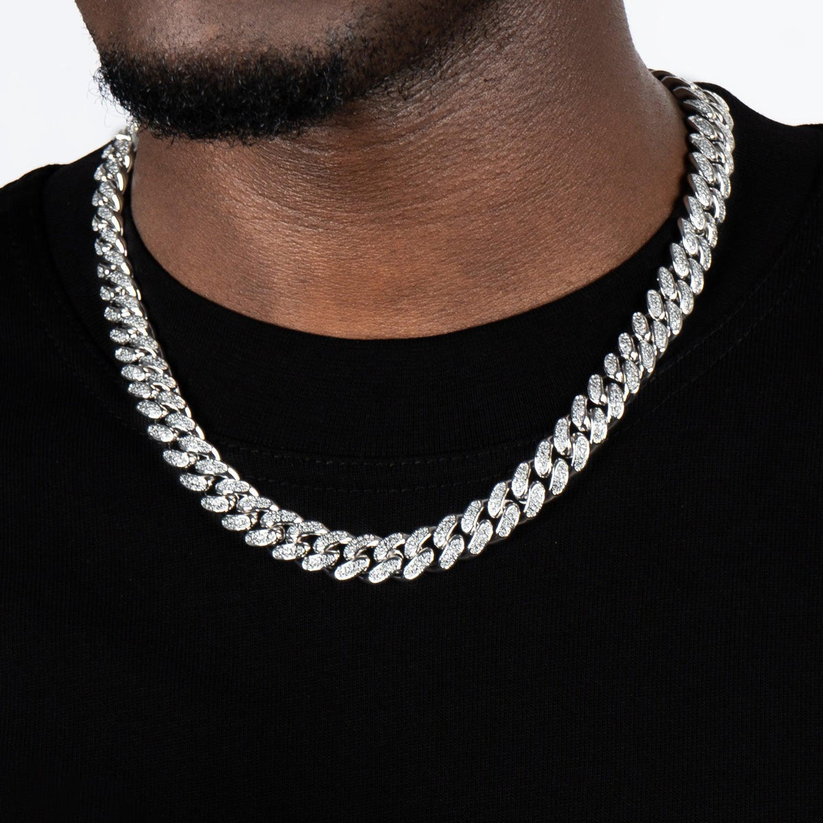 12mm Diamond Cuban Chain 14k White Vermeil