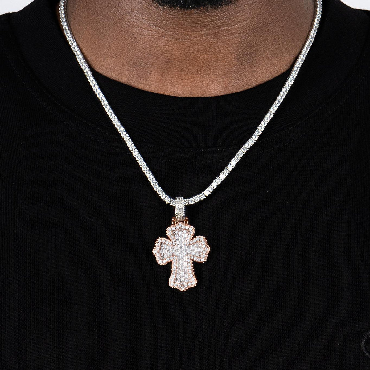 Baguette Cross Pendant 2 Tone