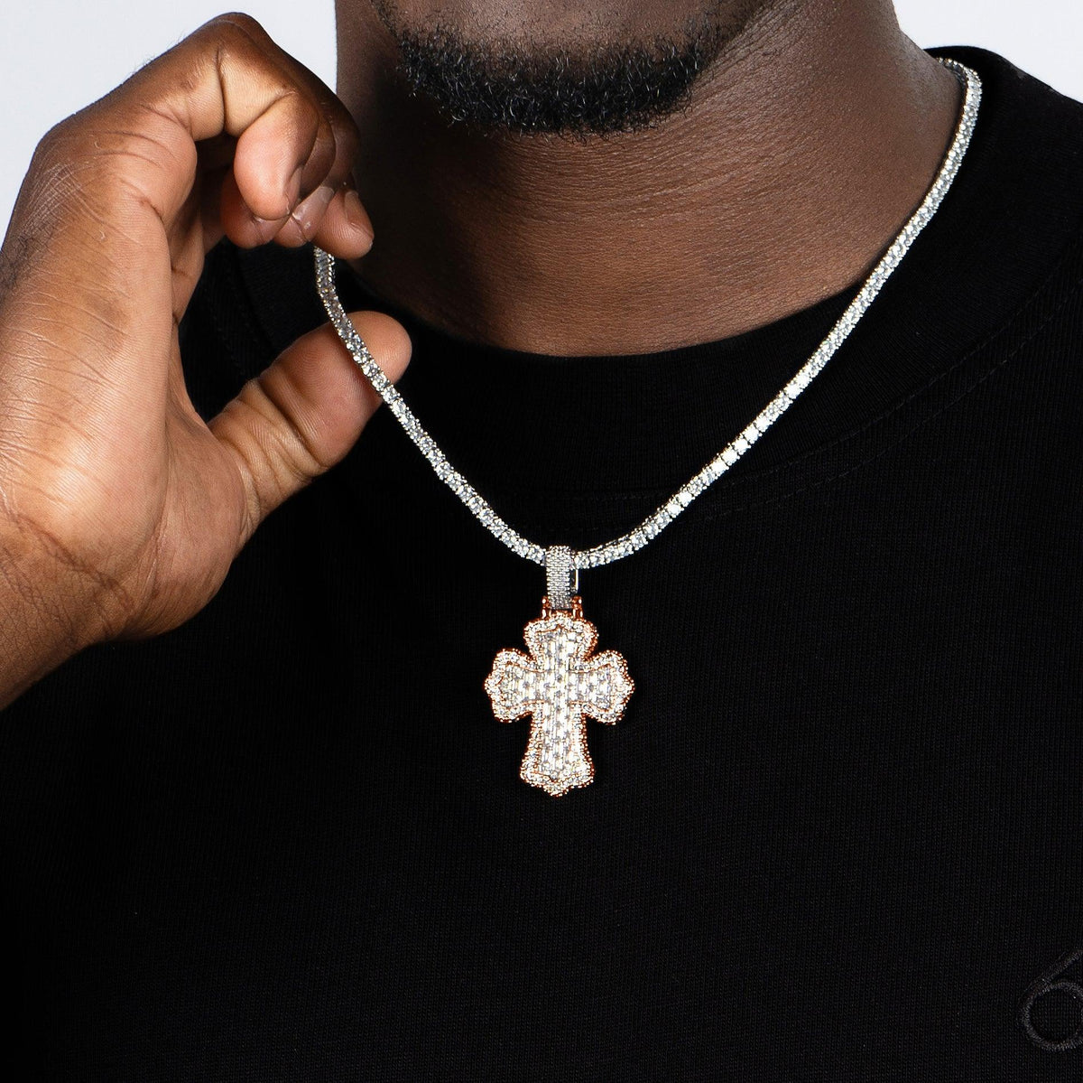 Baguette Cross Pendant 2 Tone