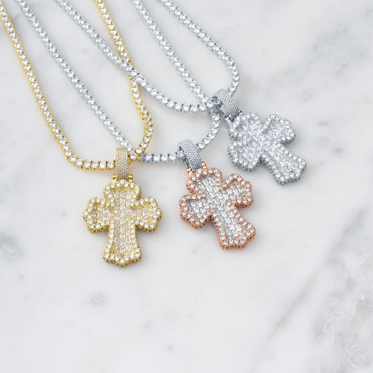 Baguette Cross Pendant 2 Tone