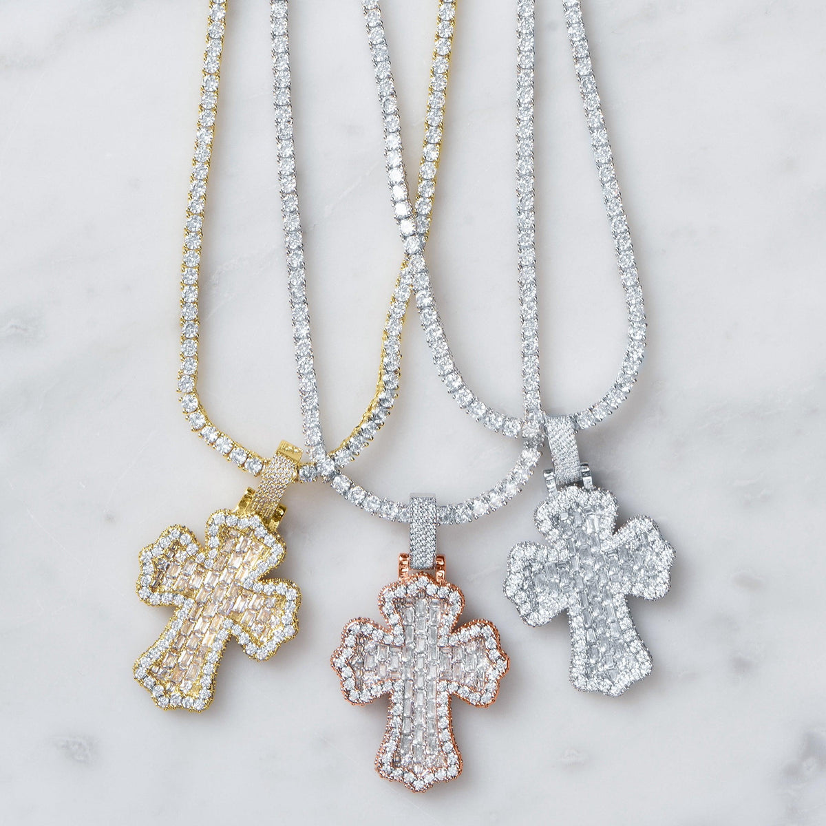 Baguette Cross Pendant 2 Tone