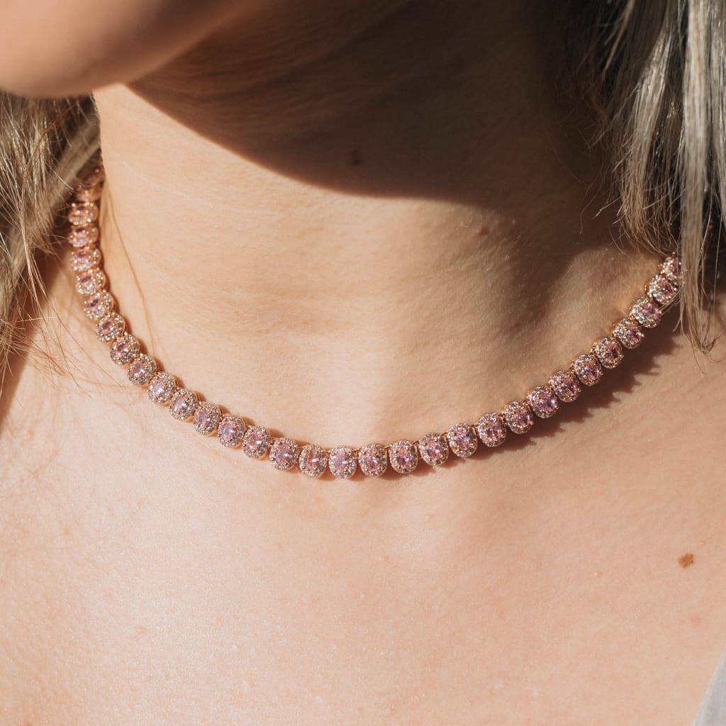 7mm Oval Cluster Tennis Chain Pink Stones Rose Gold - 6IX ICE