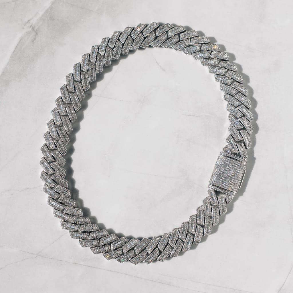 19mm Prong Baguette Cuban Chain White Gold