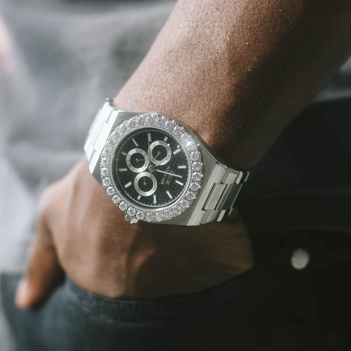 Iced Bezel Rocketeer Watch White Gold Black Dial