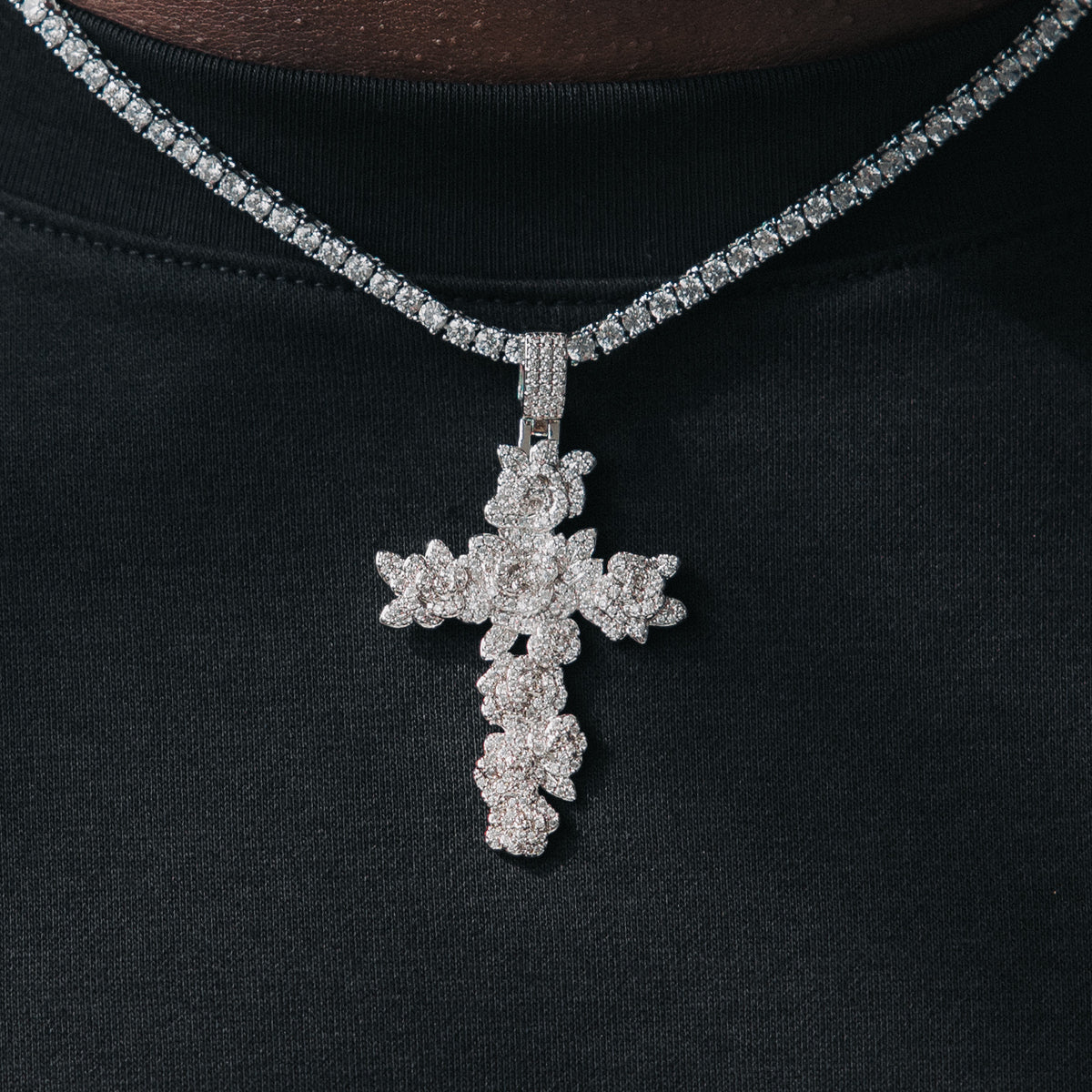 Diamond Rose Cross Pendant White Gold