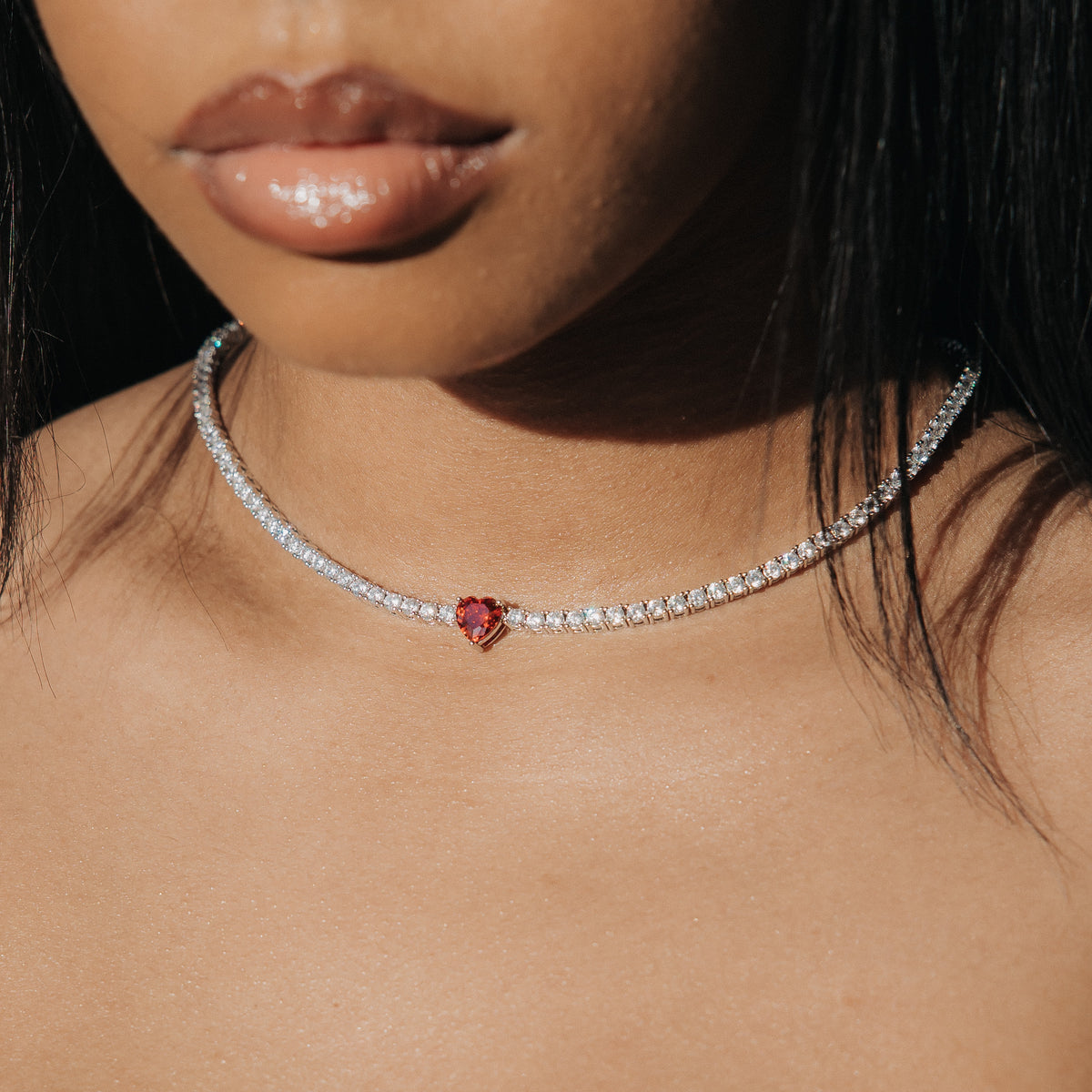 Ruby Heart Centered Tennis Chain White Gold